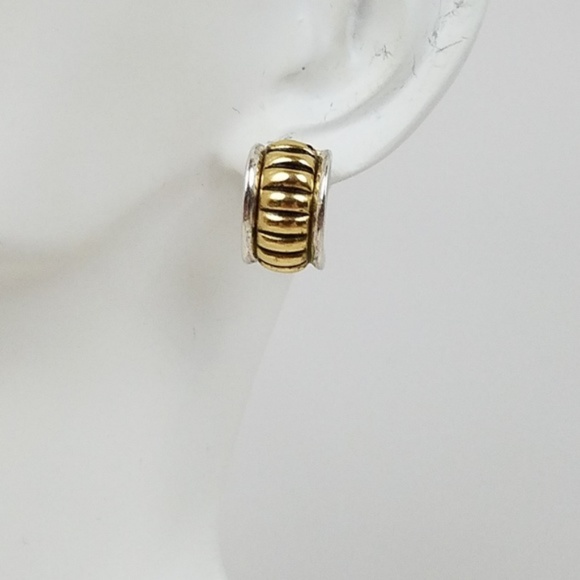Sterling SILVER & GOLD Band Hugger Hoop Earrings - Picture 3 of 13